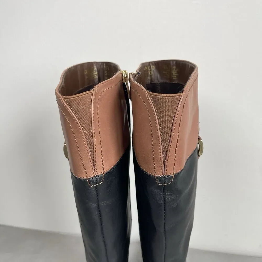Franco Sarto Women's Black Brown Leather Tall‎ Riding Boots 7.5 Wide Calf